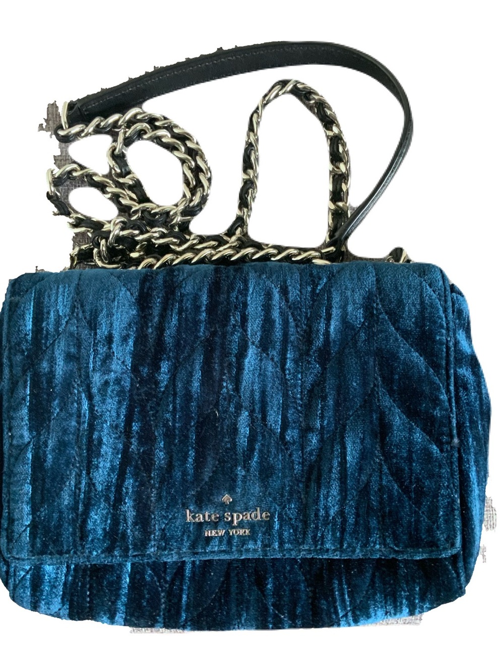 kate spade New York Briar Lane Quilted  Teal Velvet Chain Strap Crossbody Bag